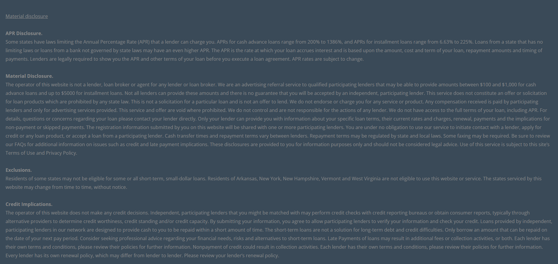 Material disclosure for payday loans in Warren Michigan